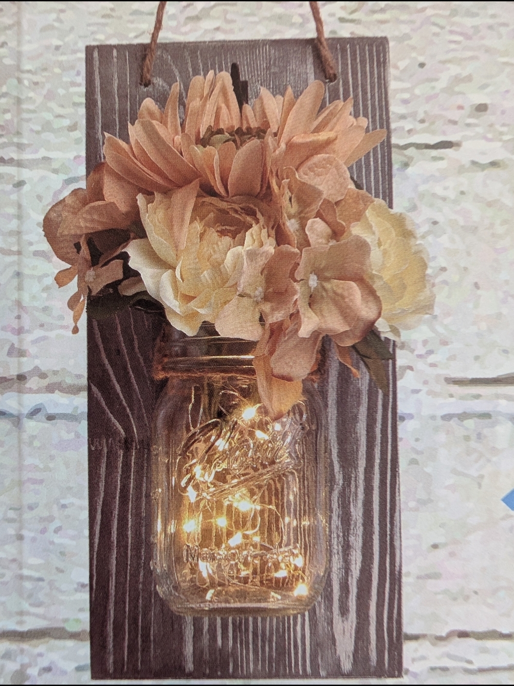 (B) Rustic Mason Jar Wall Sconces, Peach/Cream Artificial Flowers, Fairy Lights